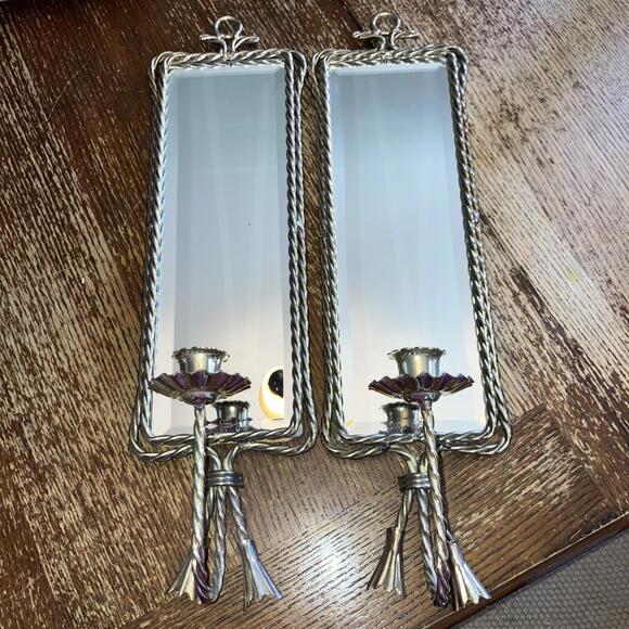 Vintage Home Interior Gold Tone Mirror Candle Sconce Pair 1980’s Twisted Rope - Picture 1 of 9